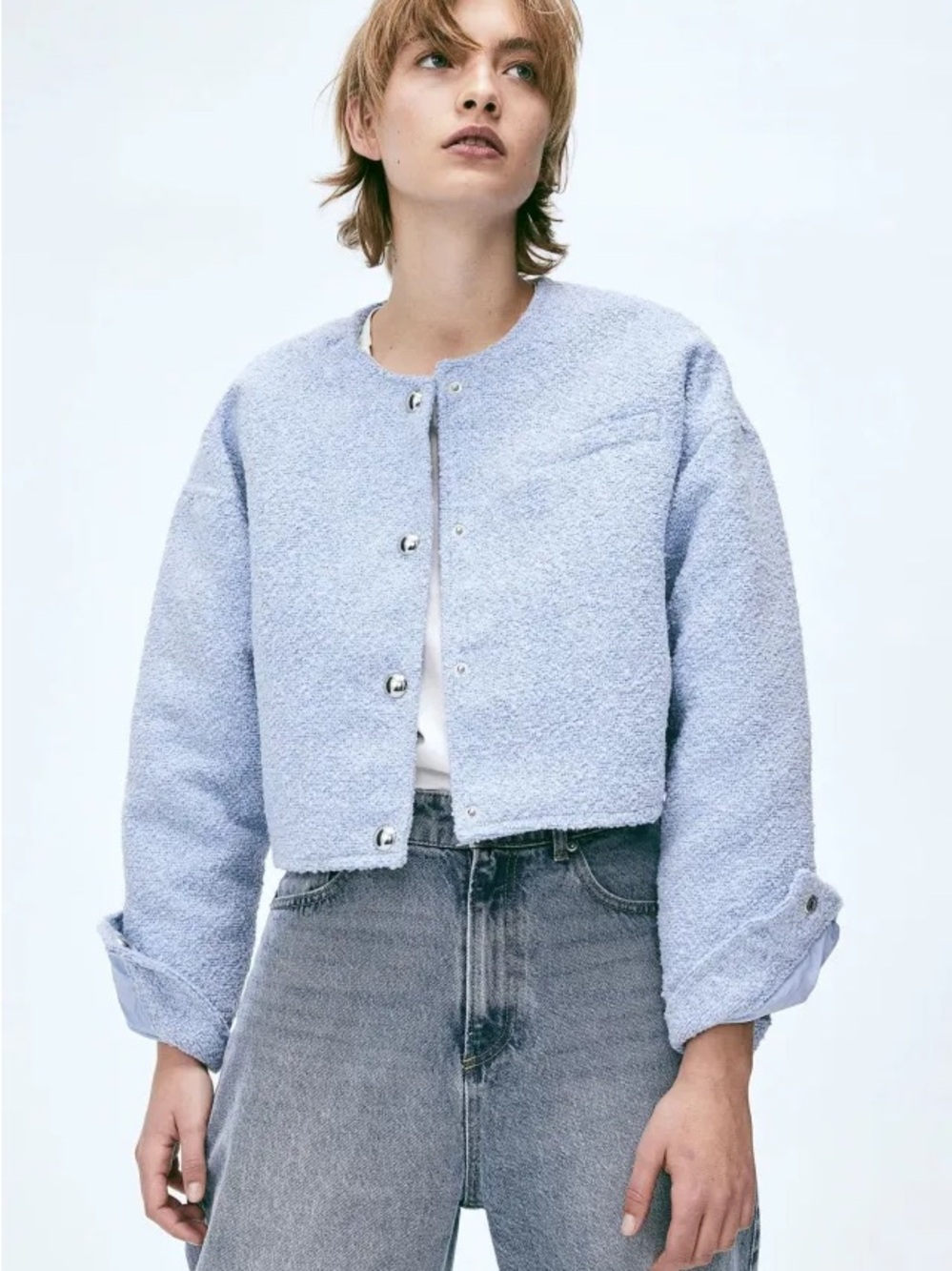 H&M Light Blue Teddy Bouclé Cropped Jacket